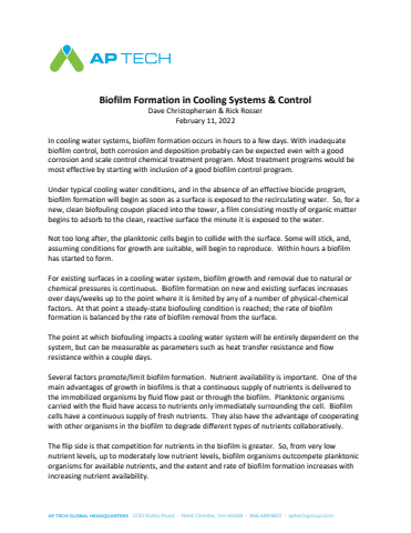 Biofilm Formation in Cooling Systems & Control - AP Tech - DC