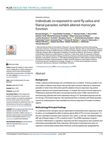 Individuals co-exposed to sand fly saliva and filarial parasites exhibit altered monocyte function