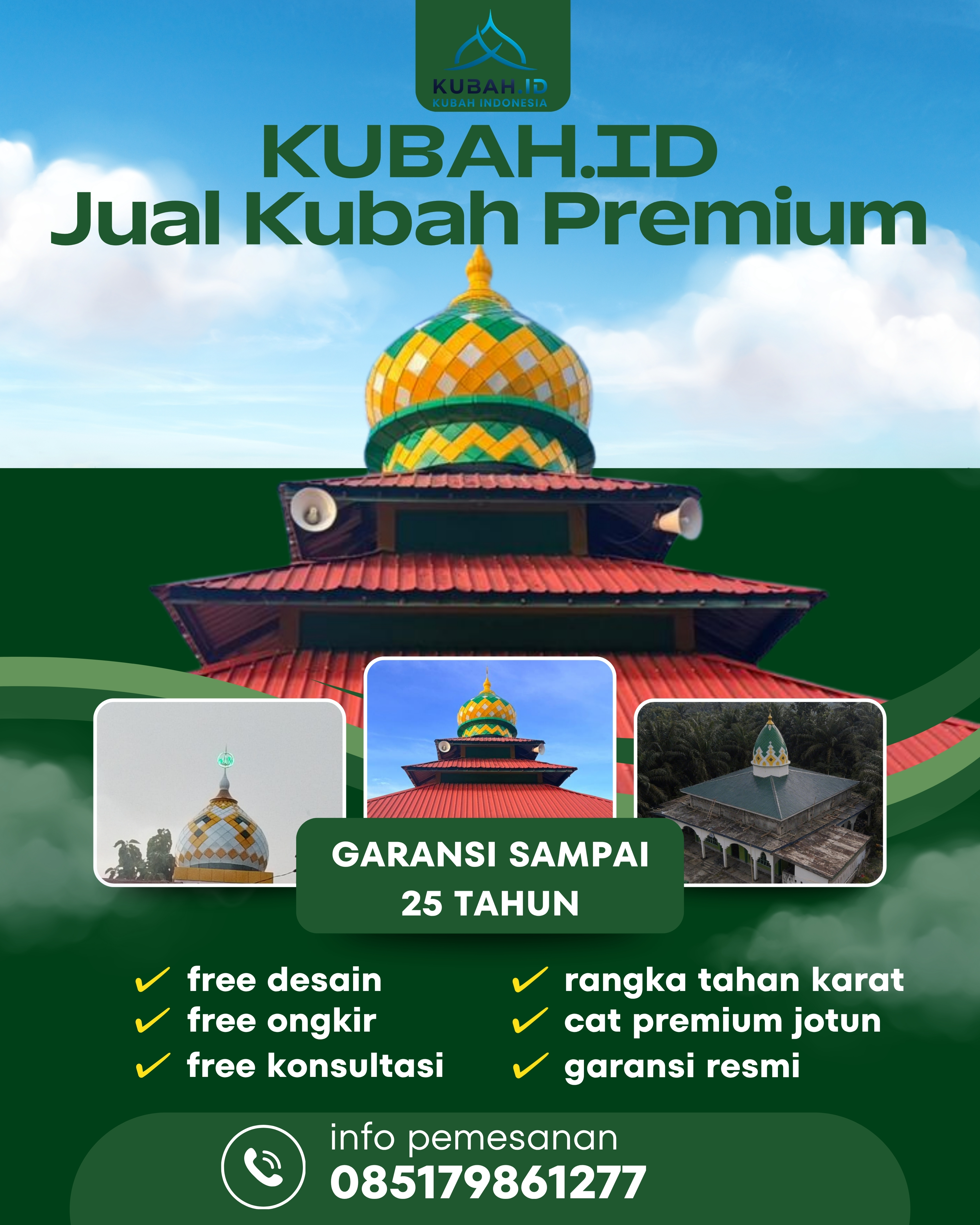 JUAL KUBAH MASJID TAHAN LAMA DI KEC HAMPARAN PERAK, KAB DELI SERDANG, SUMATERA UTARA (WA: 085179861277)
