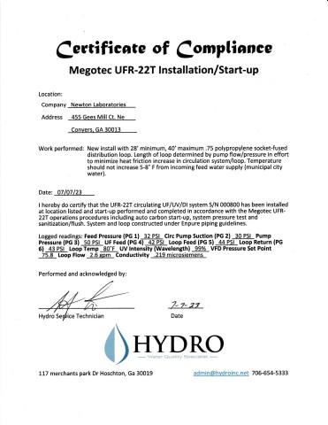 UFR-22T Start Up Certificate