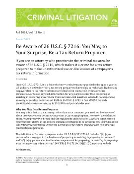 Be Aware of 26 U.S.C. § 7216: You May, to Your Surprise, Be a Tax Return Preparer
