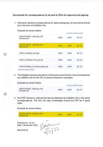 SOP for documents to be sent to OIC for signing and approval