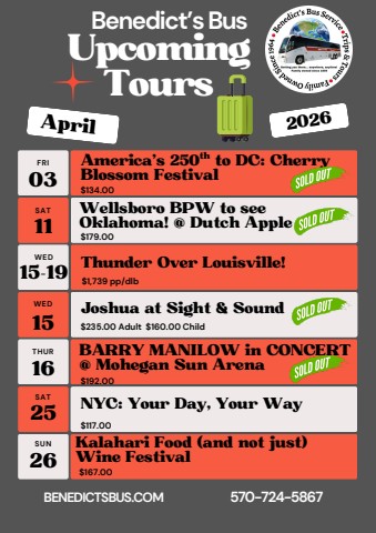 Benedict's Bus Upcoming Tours 2026