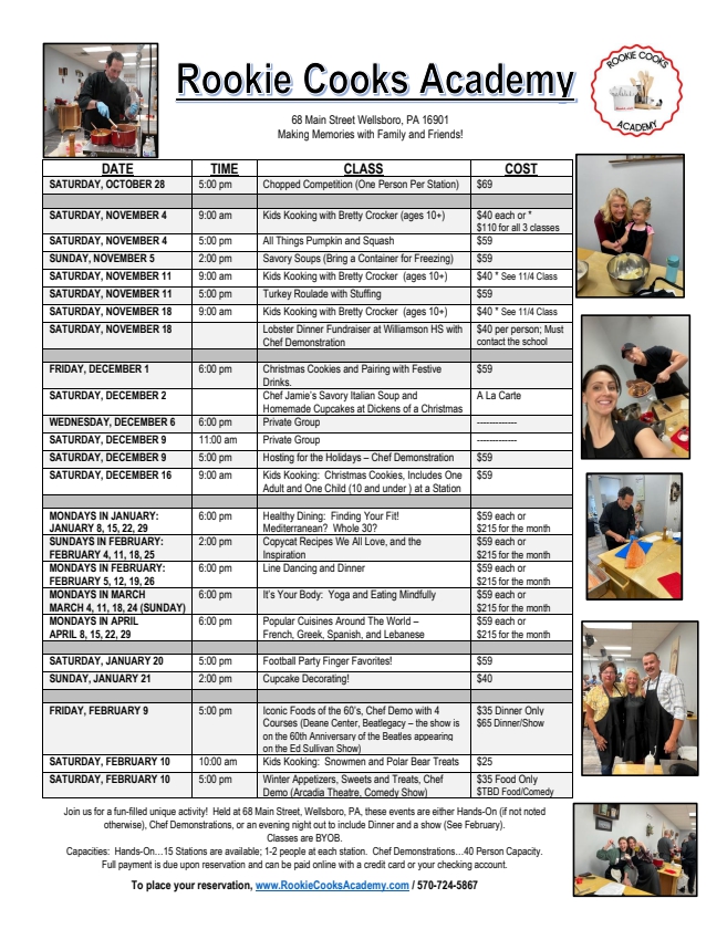 Rookie Cooks Fall Schedule 2023-Winter 2024