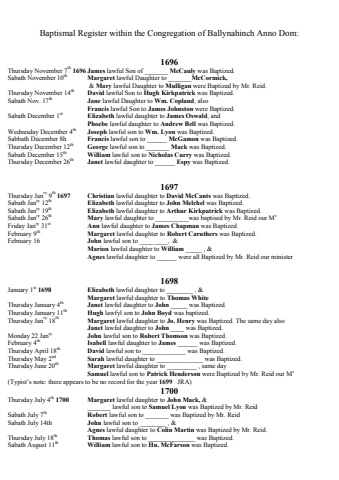 Presbyterian Congregation of Ballynahinch, Baptisms 1696-1735