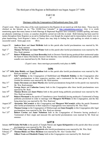 Presbyterian Congregation of Ballynahinch, Marriages 1696-1733
