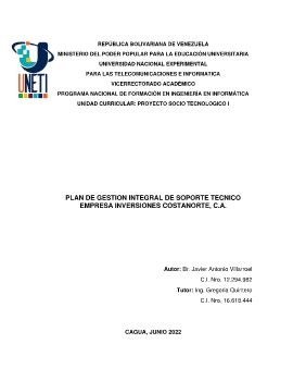 PLAN DE GESTION INTEGRAL DE SOPORTE TECNICO EMPRESA INVERSIONES COSTANORTECA INFORME FINAL JAVIER VILLARROEL C I 12294982 PNF INGENIERIA EN INFORMATICA S3