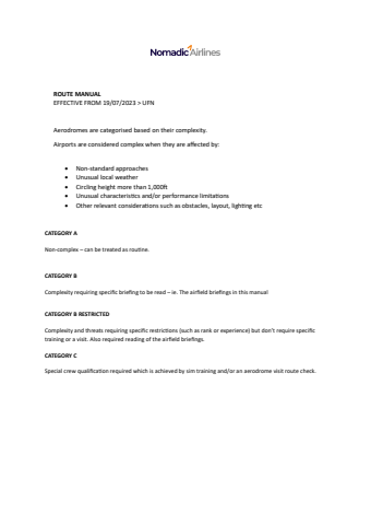 Nomadic Airline - Route Manual