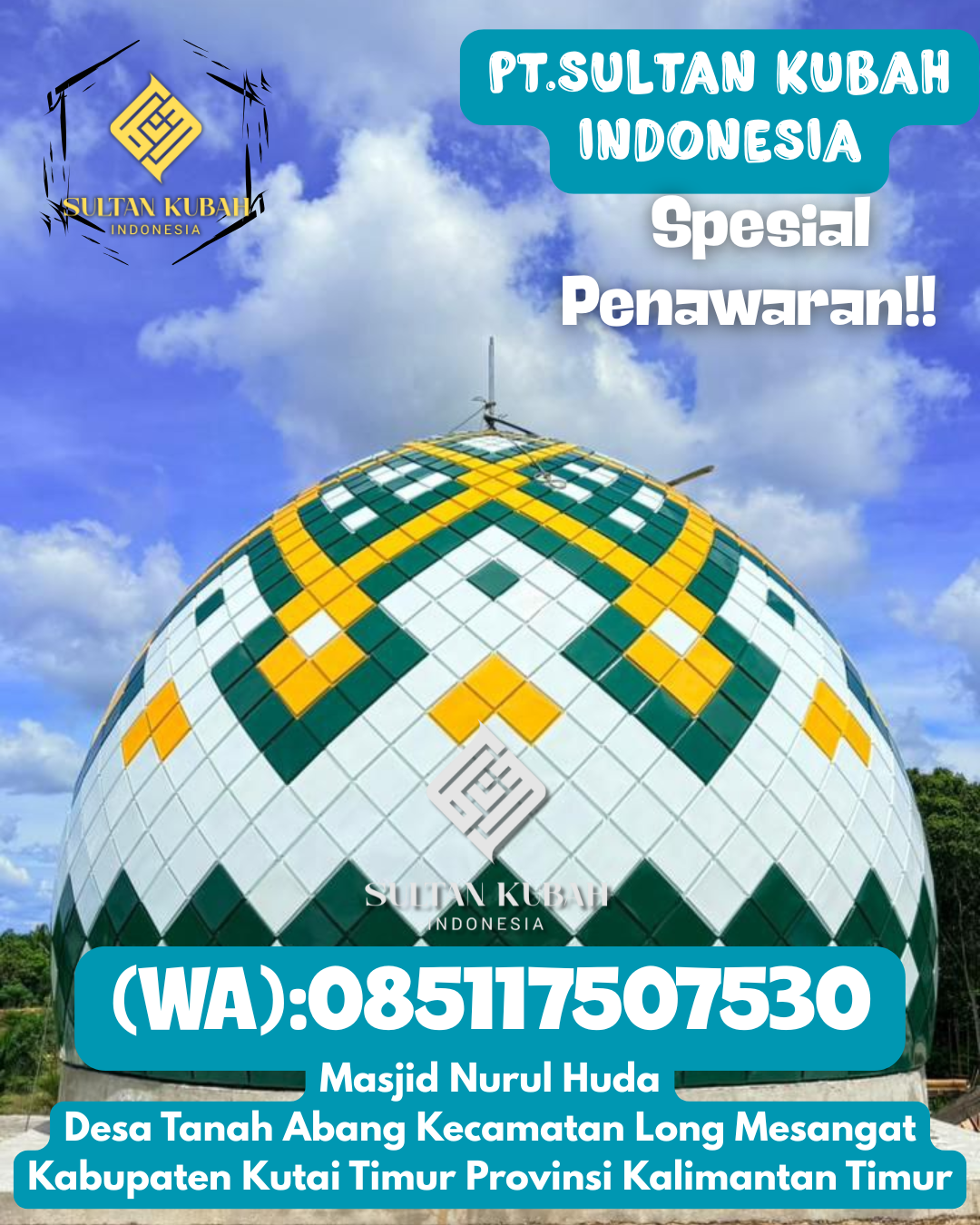 Assalamu’alaikum! PT Sultan Kubah Indonesia menawarkan kubah masjid dengan finishing powder coating Jotun Facade (Qualicoat Class 1, AAMA 2603) — cat premium tahan cuaca dan estetis.  ✔️ Anti bocor & tahan cuaca ekstrem ✔️ Warna awet & kilau tahan hingga 