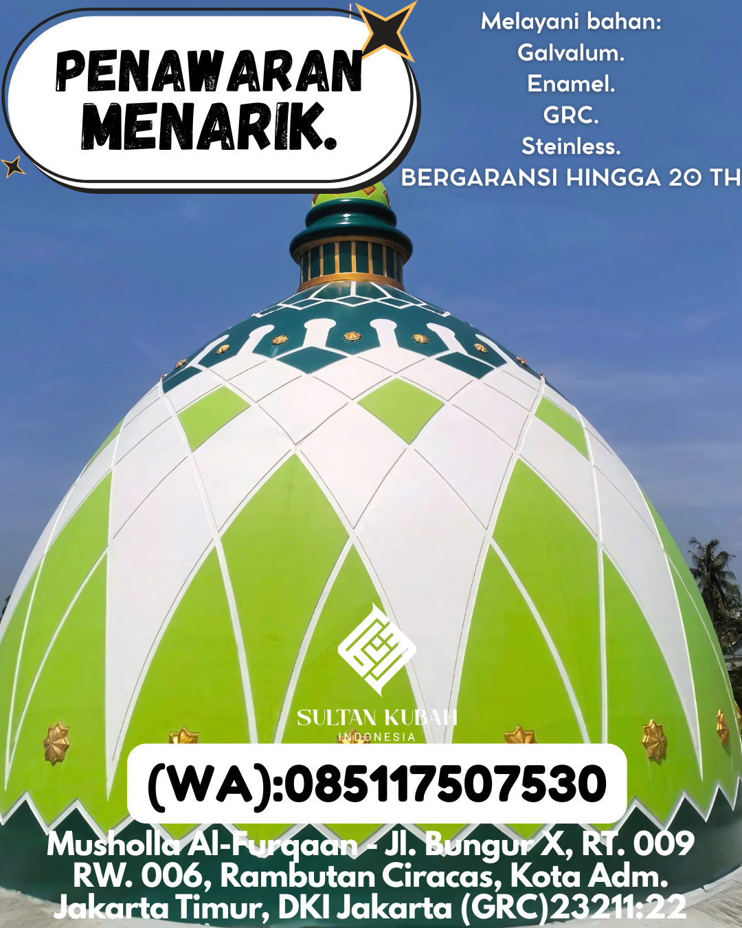 PABRIK KUBAH MASJID MODERN DI KEC Percut Sei Tuan, KAB Deli Serdang (WA: 085117507530)