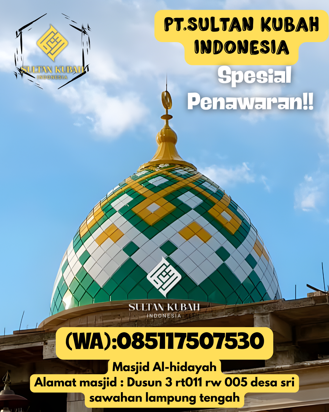 Assalamu’alaikum! PT Sultan Kubah Indonesia menawarkan kubah masjid dengan finishing powder coating Jotun Facade (Qualicoat Class 1, AAMA 2603) — cat premium tahan cuaca dan estetis.  ✔️ Anti bocor & tahan cuaca ekstrem ✔️ Warna awet & kilau tahan hingga 