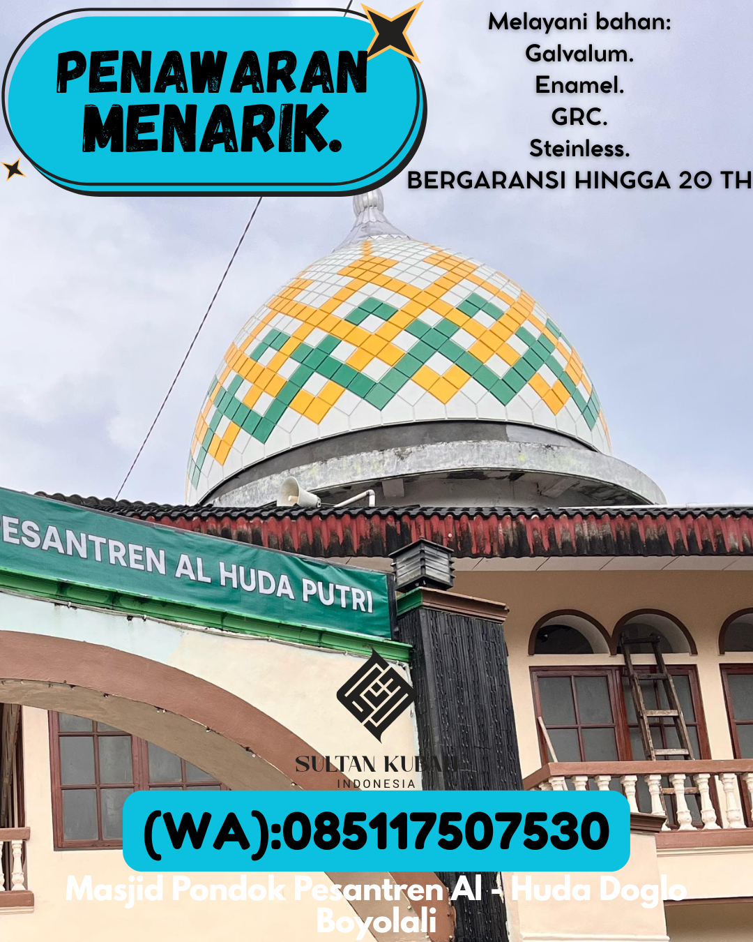 JUAL KUBAH MASJID DESAIN ELEGAN DI KEC Kendari Barat, KOTA Kendari (WA: 085117507530)