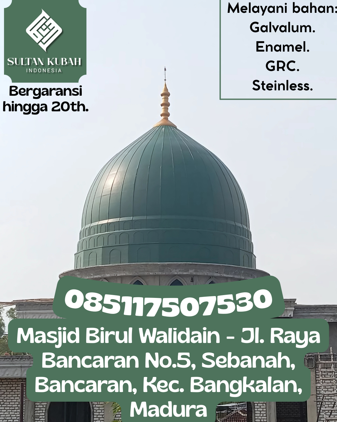 Kubah Masjid GRC Ukuran Custom Kualitas Teruji Garansi Panjang 085117507530 Krueng Barona Jaya – Kabupaten Aceh Besar