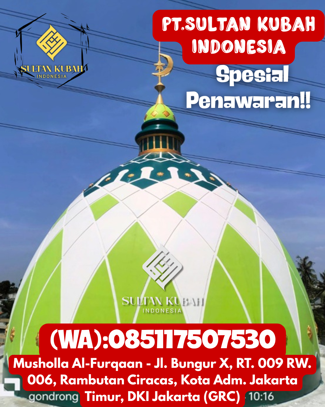 Kubah Masjid GRC Anti Retak Tahan Cuaca Kualitas Garansi 085117507530 Sungai Keruh – Kabupaten Musi Banyuasin