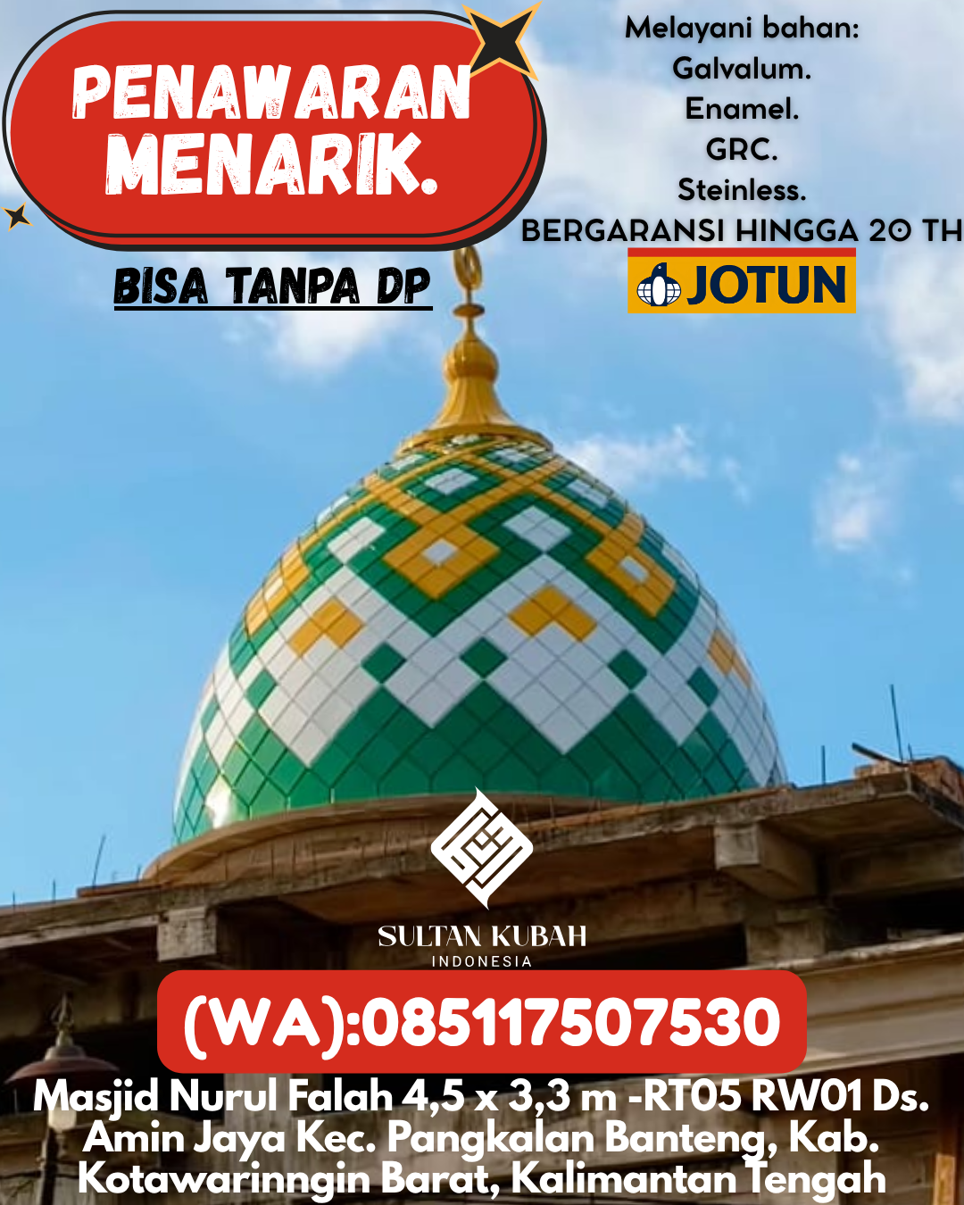 SPESIALIS KUBAH MASJID PREMIUM DI KEC Seluma Kota, KAB Seluma (WA: 085117507530)
