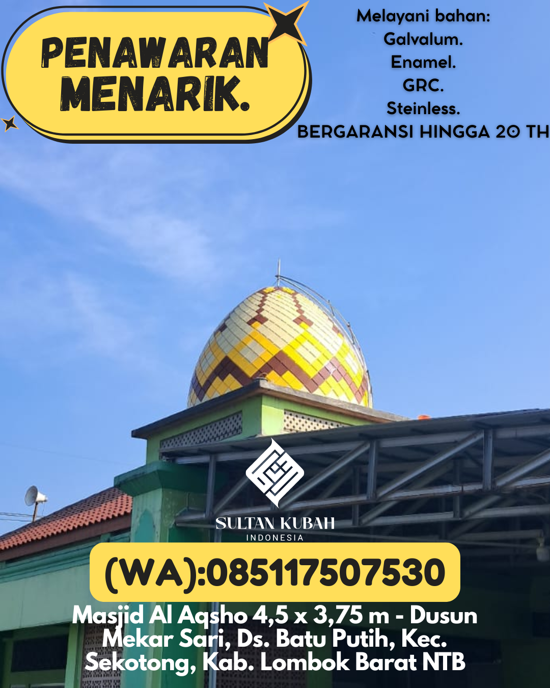 JUAL KUBAH MASJID MODERN DI KEC Pangkalan Bun, KAB Kotawaringin Barat (WA: 085117507530)