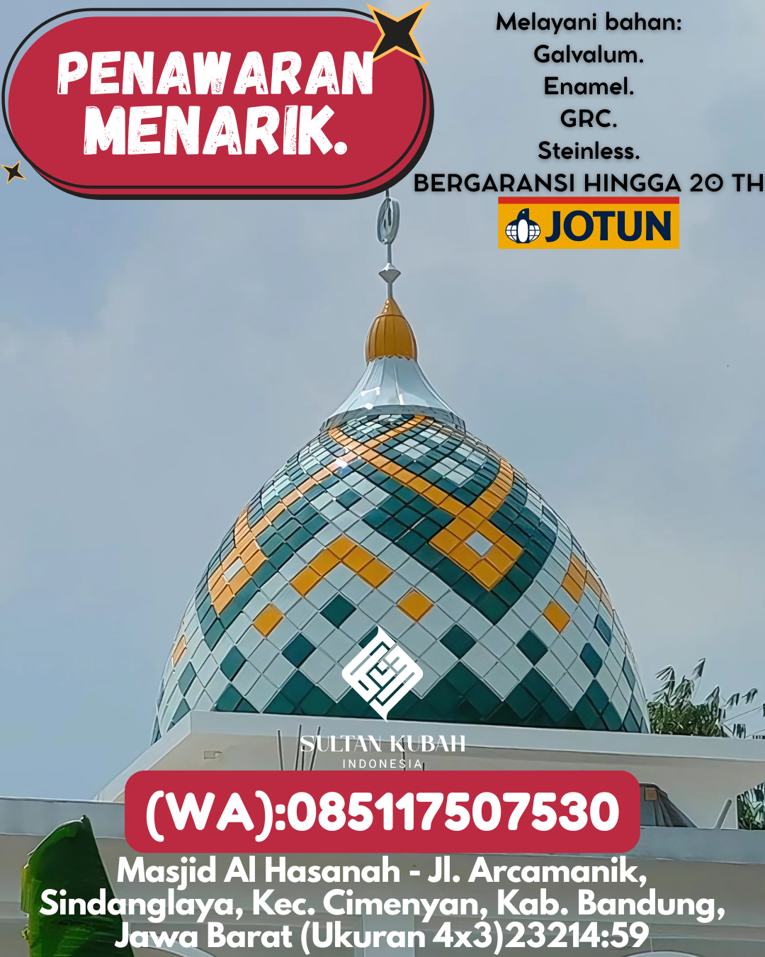 JUAL KUBAH MASJID DESAIN ELEGAN DI KEC Mojosari, KAB Mojokerto (WA: 085117507530)