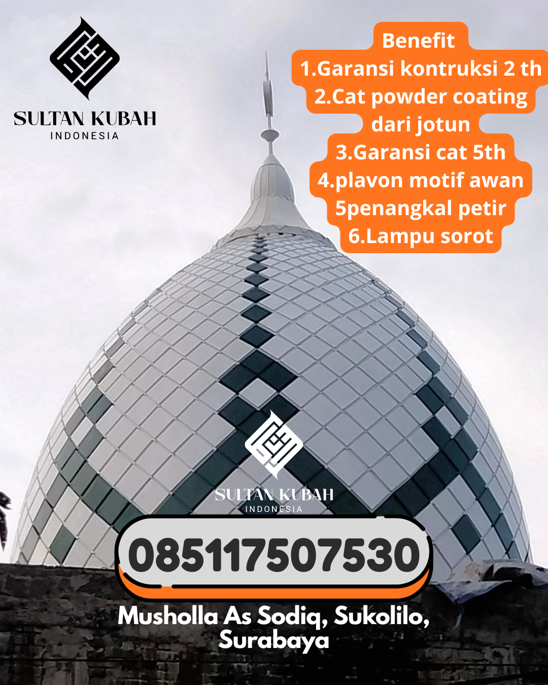 Kubah masjid galvalum kualitas terpercaya dengan garansi, 085117507530.Awangpone – Kabupaten Bone