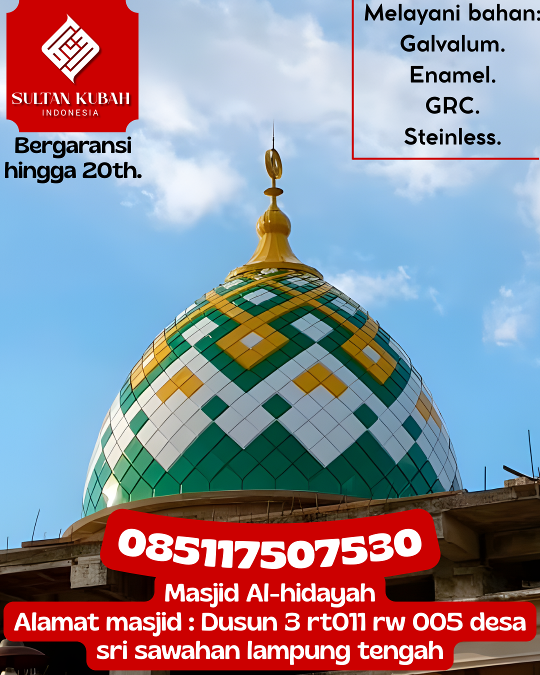 Kubah Masjid Modern Premium Berkualitas Tinggi dan Awet 085117507530 Kuantan Tengah — Kab. Kuantan Singingi