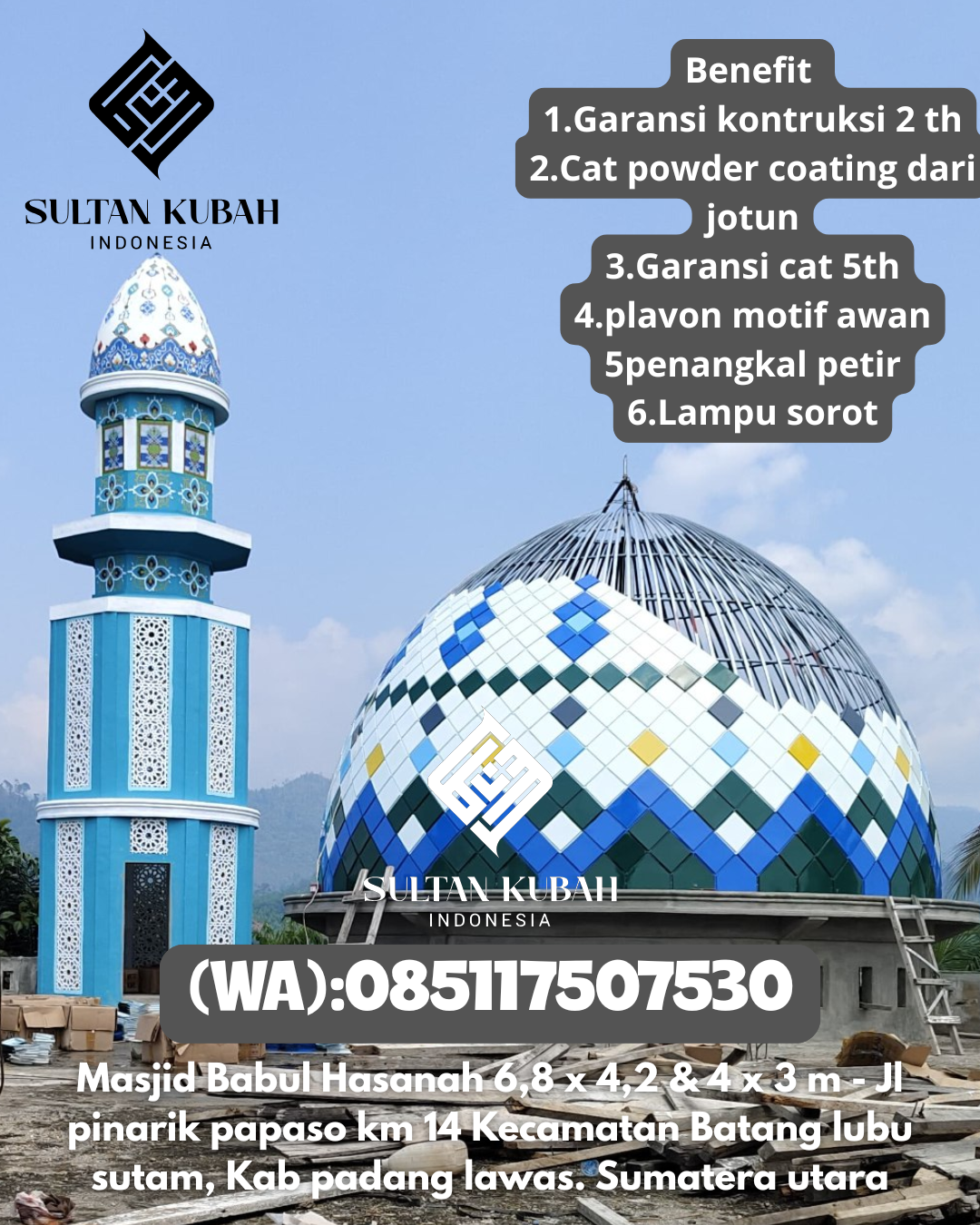 Kubah masjid galvalum rapi dan kokoh, 085117507530.Sukra – Kabupaten Indramayu