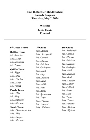 Buchser Middle School Awards Program - May 2, 2024