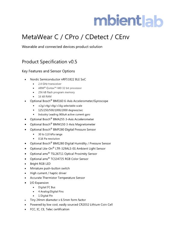 MetaWear C / CPro / CDetect / CEnv Product Specification