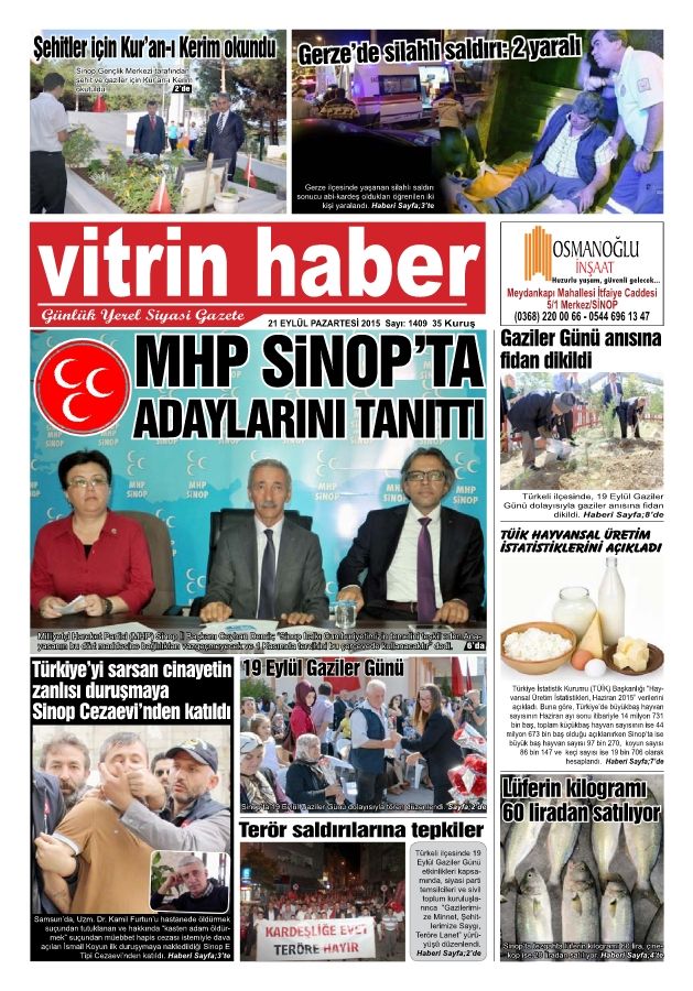 E-GAZETE VİTRİNHABER 21 EYLÜL 2015