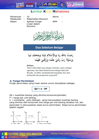 10. LKM APLIKASI FUNGSI LINEAR DALAM EKONOMI