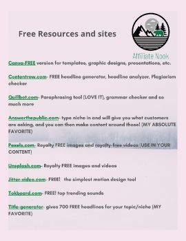 Free resources and sites that are extremely helpful 1. Canva-FREE version for templates, graphic designs, presentations, etc. 2. Contentrow.com- FREE headline generator, headline analyzer, Plagiarism checker 3. Quillbot.com- Paraphrasing tool (LOVE IT),