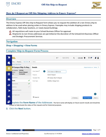 How do I Request an Off-Site Shipping Address in Emory Express?