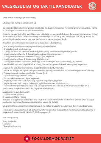 valgresultat og tak til kandidater