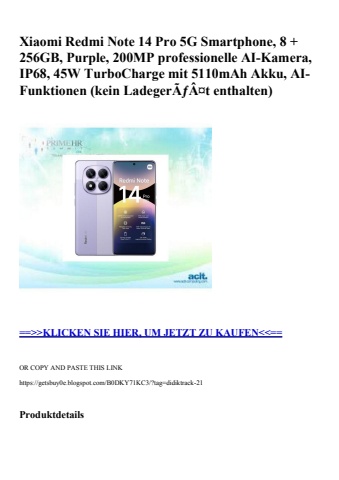 8412 xiaomi redmi note 14 pro 5g smartphone  8   256gb  purple  200mp professionelle ai-kamera  ip68  45