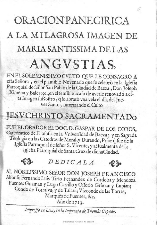 ORACIÓN PANEGÍRICA A LA VIRGEN DE LAS  ANGUSTIAS DE BAEZA