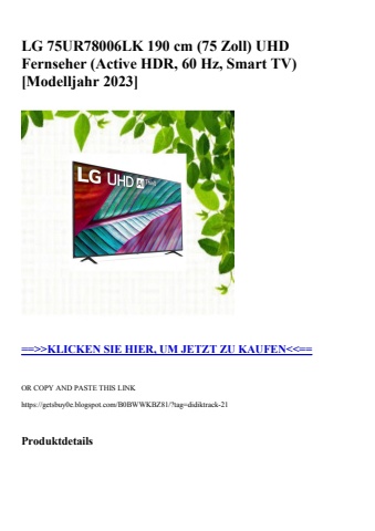 2797 lg 75ur78006lk 190 cm  75 zoll  uhd fernseher  active hdr  60 hz  smart tv   modelljahr 2023