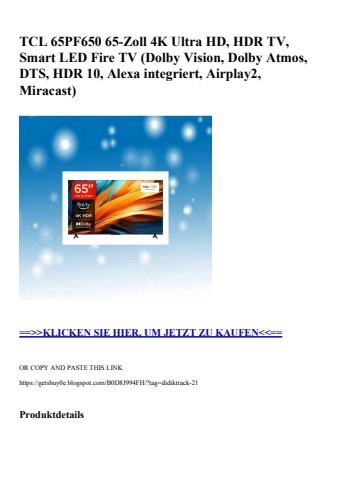 4804 tcl 65pf650 65-zoll 4k ultra hd  hdr tv  smart led fire tv  dolby vision  dolby atmos  dts  hdr 10