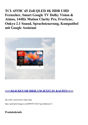3765 tcl 65t8c 65 zoll qled 4k hdr uhd fernseher  smart google tv dolby vision   atmos  144hz motion cla