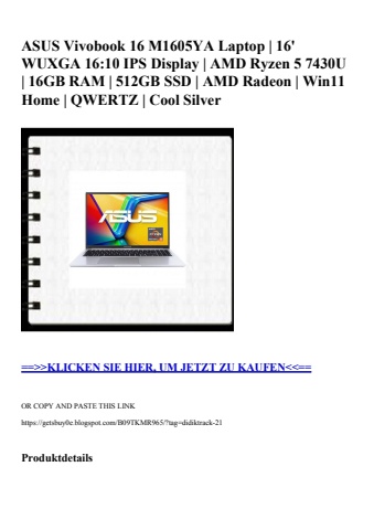 7036 asus vivobook 16 m1605ya laptop   16' wuxga 16 10 ips display   amd ryzen 5 7430u   16gb ram   512g