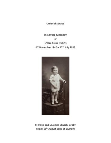 Alun Funeral Service 15th August 2025 Large typeface