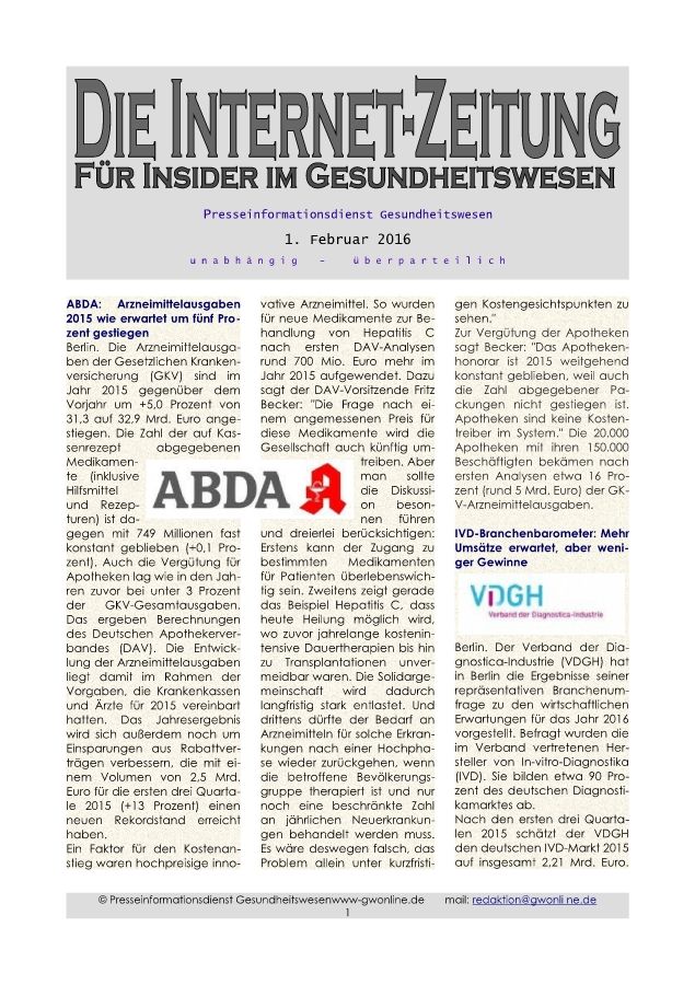 Internet-Zeitung für Insider im Gesundheitswesen 1. Februar 2016