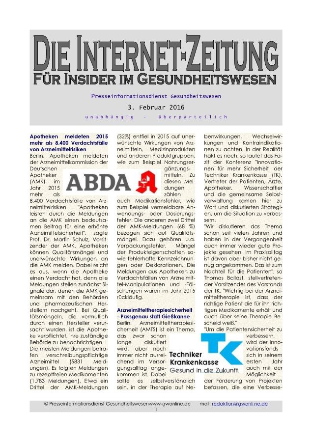 Internet-Zeitung für Insider im Gesundheitswesen vom 3. Februar 2016