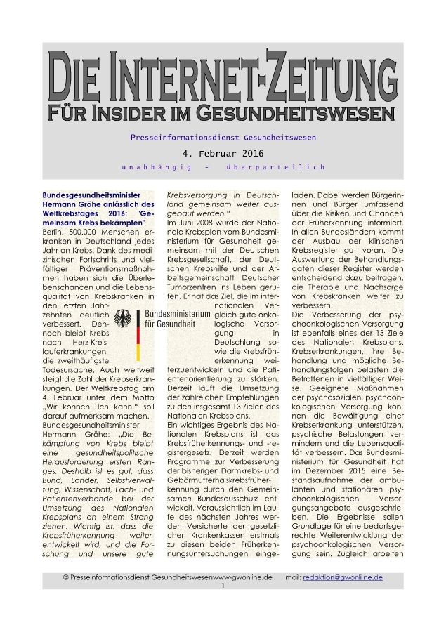 Internet-Zeitung für Insider im Gesundheitswesen vom 4. Februar 2016