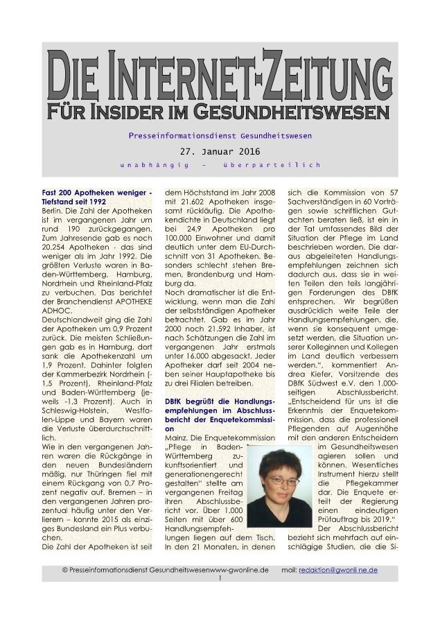 Internet-Zeitung für Insider im Gesundheitswesen 27. Januar 2016