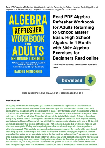 read pdf algebra refresher workbook for adults returning to school master basic high school algebra