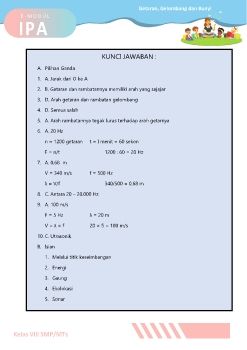 KUNCI JAWABAN SOAL EVALUASI GETARAN, GELOMBANG DAN BUNYI KELAS VIII