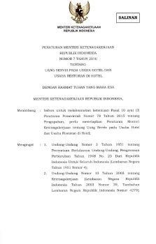 PERATURAN MENTERI KETENAGAKERJAAN (PERMENAKER) NOMOR 7 TAHUN 2016 MENGATUR TENTANG UANG SERVIS PADA USAHA HOTEL DAN RESTORAN DI HOTEL