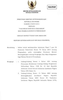 PERATURAN MENTERI KETENAGAKERJAAN (PERMENAKER) NOMOR 6 TAHUN 2016 TENTANG TUNJANGAN HARI RAYA KEAGAMAAN BAGI PEKERJA/BURUH DI PERUSAHAAN