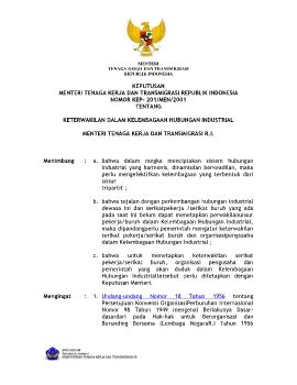 KEPUTUSAN MENTERI TENAGA KERJA DAN TRANSMIGRASI REPUBLIK INDONESIA NOMOR KEP- 201/MEN/2001 TENTANG KETERWAKILAN DALAM KELEMBAGAAN HUBUNGAN INDUSTRIAL