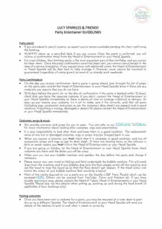 UK PARTY ENTERTAINER GUIDELINES