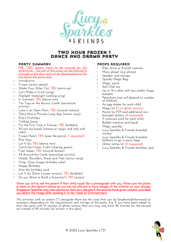 Two Hour Frozen Dance and Drama Party Plan