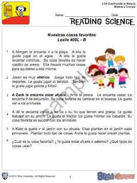2nd Grade Science Literacy Spanish
